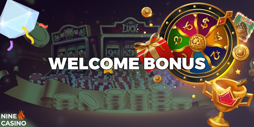 Nine Casino UK Welcome Bonus wheel with gifts and casino chips.Promotional banner showing £450 bonus and free spins offer for new players.